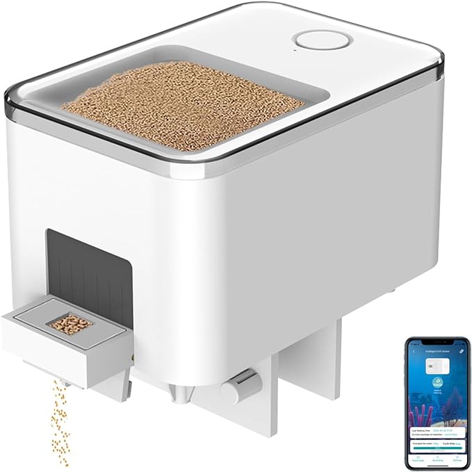 Bluetooth Fish Feeder Automatic Dispenser for Aquarium, Food Dispenser for Fish Tank with App Control, USB Powered for Small Fish Tank Pelleted Food, Electronic Feeders for Animals, White