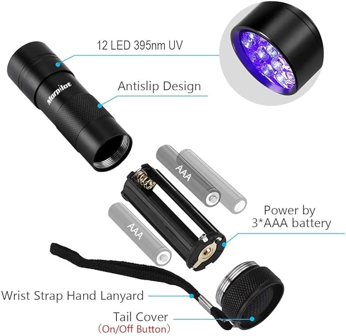 Morpilot Blacklight Flashlights uv Flashlight,12 LED 395nm Ultraviolet Blacklight 2 PCS Black Light Flashlight Mini, Torch Light Pet Urine Detector Light for Dog/Cat, Dry Stains,Resin Curing,Bed Bug