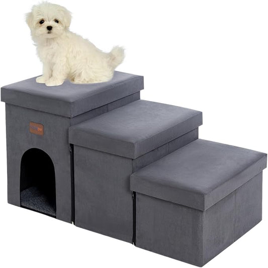 Dog Stairs with Storage and Condo, 3-Step Dog Steps for High Bed, Sofa and Car, Folding Pet Srairs for Puppy, Small Dogs and Cats, Grey