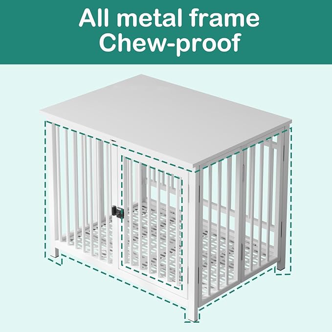Heavy Duty Dog Crate Furniture, Fully Assembled exc. Locks, All Metal Frame & Wooden Tabletop, Modern Kennel for Small Dog, End Table, Sturdy, Foldable, White