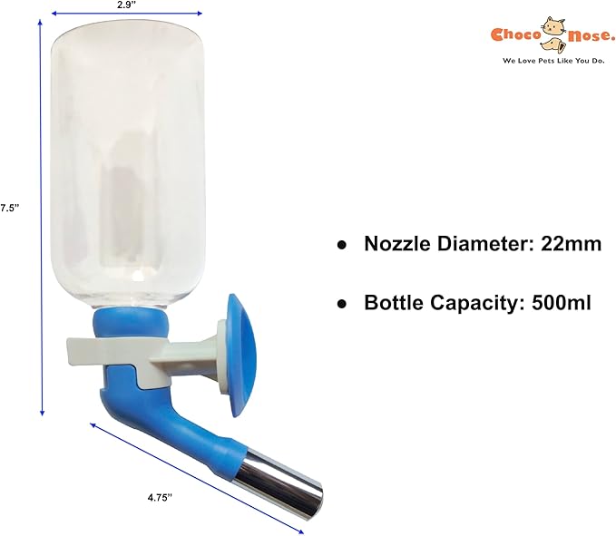 Choco Nose Patented Large No-Drip Water Bottle/Feeder ONLY for Large Size Dogs Over 50 lbs - for Wire Cages, Crates or Kennels. 16 oz. X-Large Nozzle 22mm, Blue (C570)