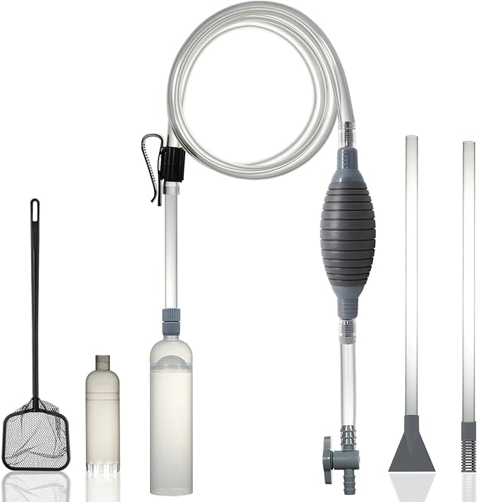 Aquarium Siphon Vacuum Cleaner Kit with Dual Vacuum Tubes for Various Tank Sizes and One Fish Net, Aquarium Gravel Vacuum Cleaner