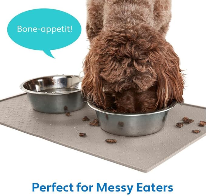 MIGHTY MONKEY 100% Waterproof Dog Food Mat, Raised Edges Silicone Pet Feeding Placemat for Cat, Dogs, Pet Bowls, High Lipped Tray Prevents Water Spills, Food on Floor, Dishwasher Safe, 18x12, Beige