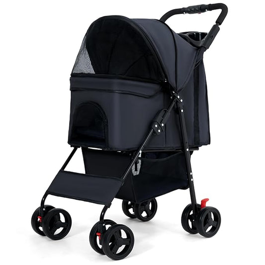 Pet Dog Stroller,Foldable Dog Cat Jogger Stroller, Pet Strolling Cart, Dog Travel Carrier Portable Lightweigh Dog Stroller with Storage Basket and Cup Holder for Medium Small Dogs Cats(Black)