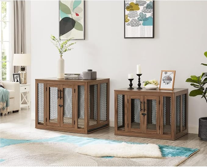 unipaws Furniture Dog Crate with Tray for Medium Dogs, Indoor Aesthetic Puppy Kennel Pet House Dog Cage with Door, Modern Decorative Wood Pretty Cute Fancy End Side Table Nightstand, Walmut