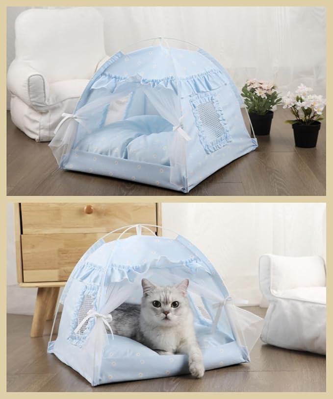 Cat Bed Tents Dog House Indoor Outdoor Lace Mesh Breathable Windows Door Curtains Removable Portable Nest Teepe House (Large,Blue)