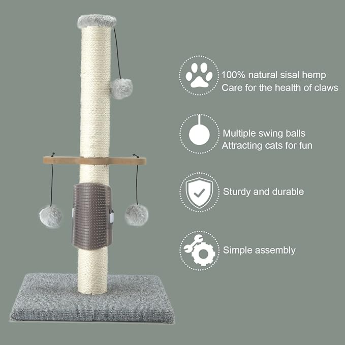 Cat Scratching Post Sisal Vertical Scratcher Posts for Indoor Cats and Kittens,Three Hanging Ball Toy and Self-Grooming Brush,26inches Cat Scratch Pole Grey