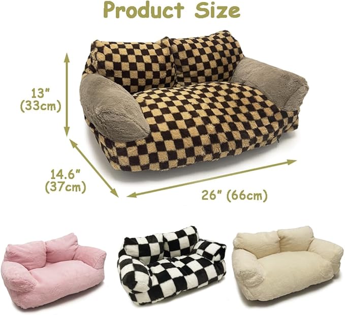 Pet Couch Sofa Bed, Checkers Plaid Washable Cat Beds for Medium Small Dogs & Cats Durable Plush Cat Couch Pet Sofa Bed Puppy Sleeping Bed Soft Anti-Slip (Khaki Plaid)
