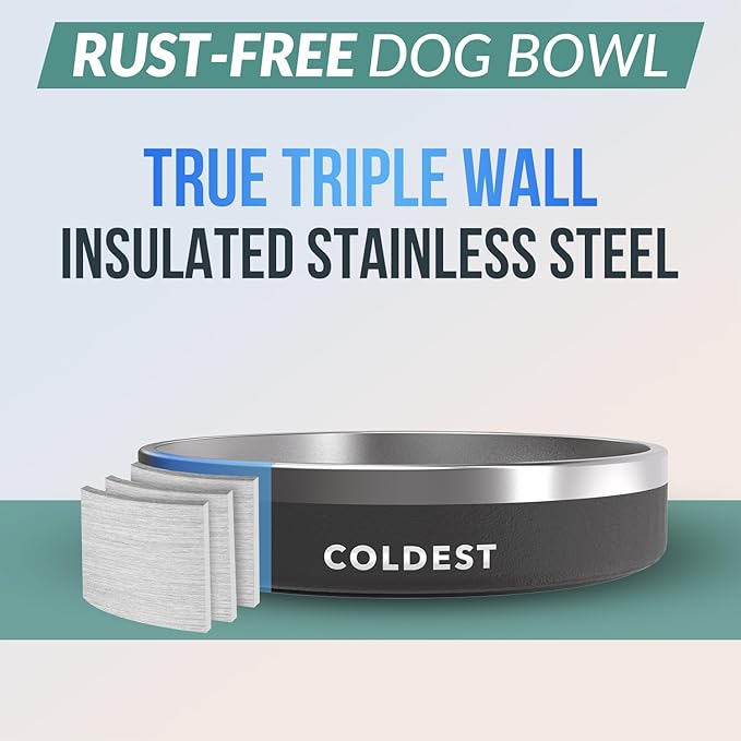 Coldest Dog Bowl - Anti Rust Metal & Non Slip Dog Bowls Large, Spill Proof Heavy Duty 3 Layers Insulated Dog Bowl - Food and Water Bowl for Dogs, Cats & Pets, Dishwasher Safe (21 oz, Stealth Black)