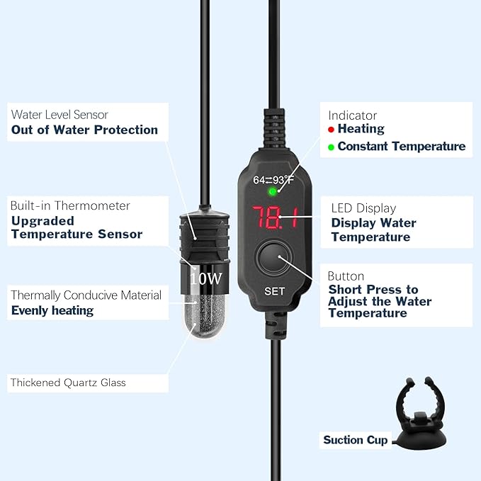 Adjustable Mini Aquarium Heater 0.5/1/2/3 Gallon Submersible Small Fish Tank Heater 10W/20W/30W Digital Display Thermostat External Temperature Controller