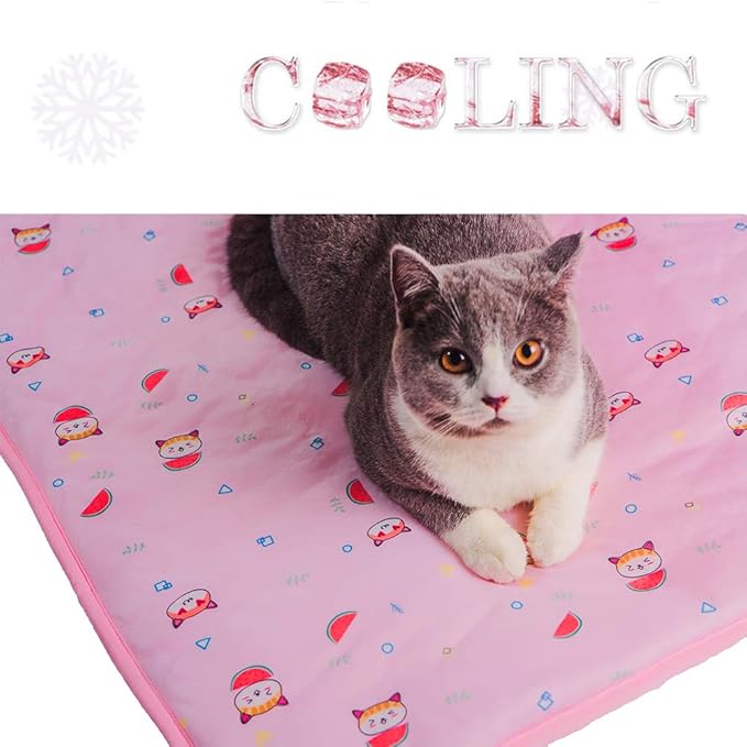 SEIS Dog Ice Pad Ice Silk Cats Kennel Mat Pet Cooling Pad Summer Cool Bamboo Mat Breathable Pad (Pink Cat, S