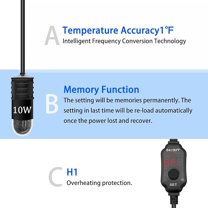 Adjustable Mini Aquarium Heater 0.5/1/2/3 Gallon Submersible Small Fish Tank Heater 10W/20W/30W Digital Display Thermostat External Temperature Controller