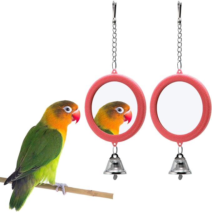 2PCS Bird Mirror with Bell Parrot Hanging Interactive Playing Toy for Cockatiel Parakeets Canaries Budgie Cage Accessories (Red)