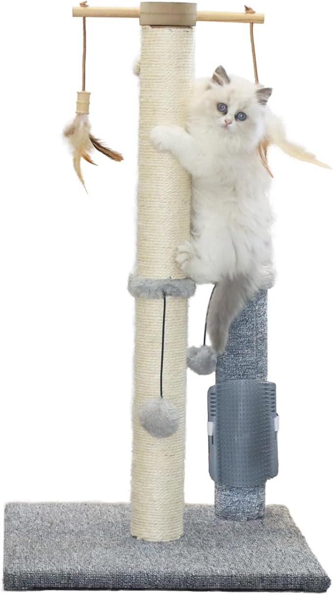 Cat Scratching Post,Sisal Scratch Posts Scratcher for Indoor Cats and Kittens,with self Grooming Bursh and Interactive Toys Vertical Cat Tree 30Inches Tall Grey