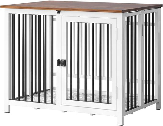 Heavy Duty Dog Crate Furniture, Fully Assembled exc. Locks, All Metal Frame & Wooden Tabletop, Modern Kennel for Small Dog, End Table, Sturdy, Foldable, White+Black/Rustic Brown