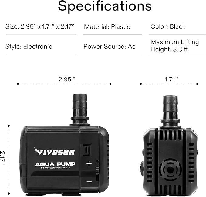 VIVOSUN 2-pack 210GPH Submersible Pump(800L/H, 8W), Ultra Quiet Water Pump with 3.3ft High Lift, Fountain Pump with 5ft Power Cord, 2 Nozzles for Fish Tank, Pond, Aquarium, Statuary, Hydroponics