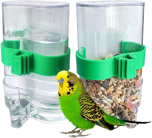 Bird Water Dispenser Outdoor No Mess Automatic Feeder,Parakeet Waterer for Cage,Food Container Bird Cage Accessories Hanging Outside for Lovebird Canary Finch Small Birds (2Pcs), Clear