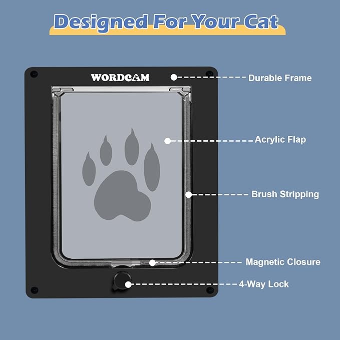 Wordcam X-Large Cat Door, Strong Cat Door for Interior Exterior Doors, 4 Way Locking Pet Door for Cats Up to 25lbs, Cat Flap for Kitten Doggies, Easy Installation, Weatherproof (Black)