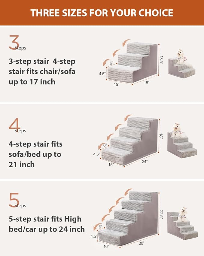 Dog Stairs for Small Dogs,13.5" H,3-Step Dog Steps for High Bed Couch and Sofa,Pet Stairs for Dogs and Cats Climbing with Non-slip Bottom and Washable Cover,Grey