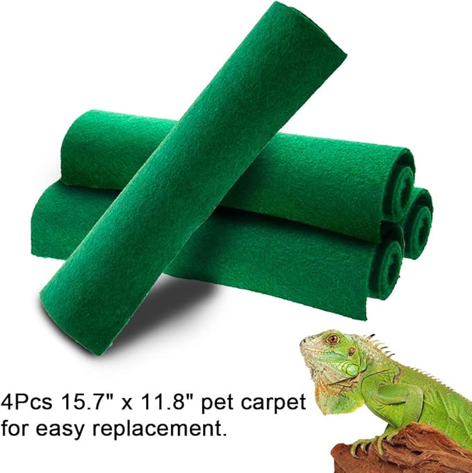 Reptile Carpet 4pcs Terrarium Substrate Liner Pet Habitat Bedding Soft Green Mat for Bearded Dragon Lizards Gecko Chamelon Iguana Turtles Snakes (19.7" x 11.8")
