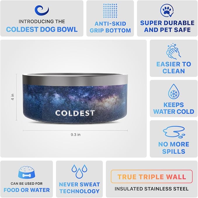 Coldest Dog Bowl - Anti Rust Metal & Non Slip Dog Bowls Large, Spill Proof Heavy Duty 3 Layers Insulated Dog Bowl - Food and Water Bowl for Dogs, Cats & Pets, Dishwasher Safe (100 oz, Into The Beyond)