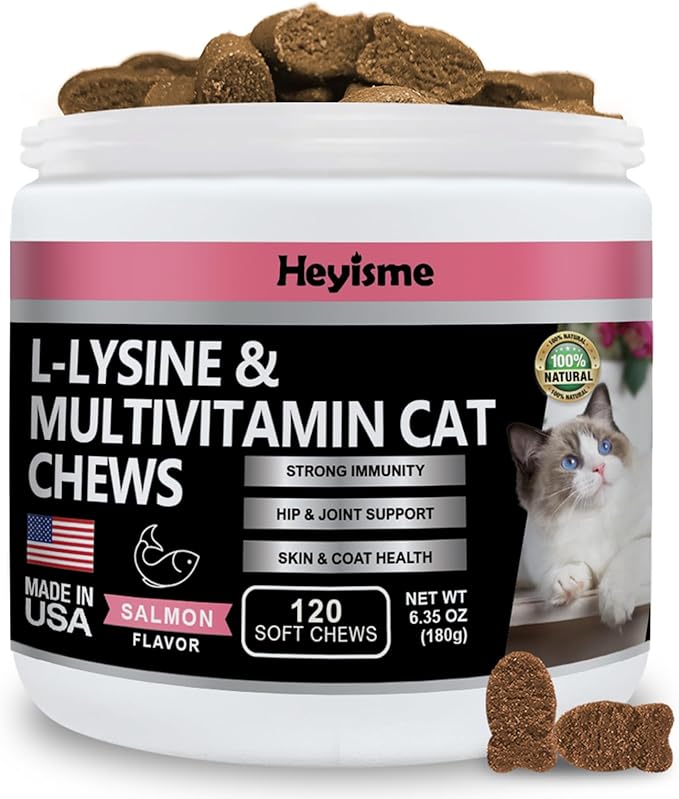 Lysine Supplement for Cats, Cat Treats for Sneezing and Runny Nose, Cat Cold, Cat Immune Support, Eye Function, and Respiratory Health, L-Lysine cat vitamins for Cats (120 Pills, SALMON)