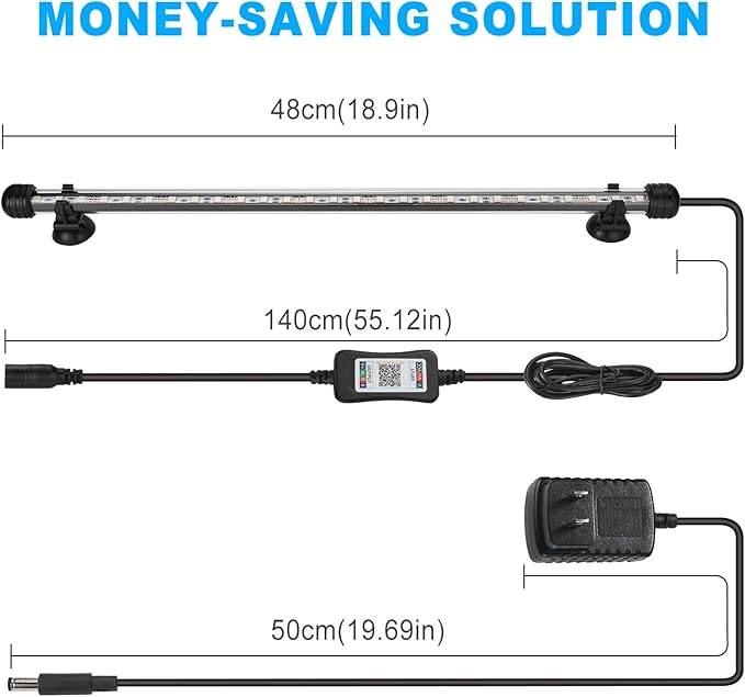 GreenSun Fish Tank Aquarium Light: Submersible Led Lamp - 19 Inch Waterproof Strip Spotlight with APP Control