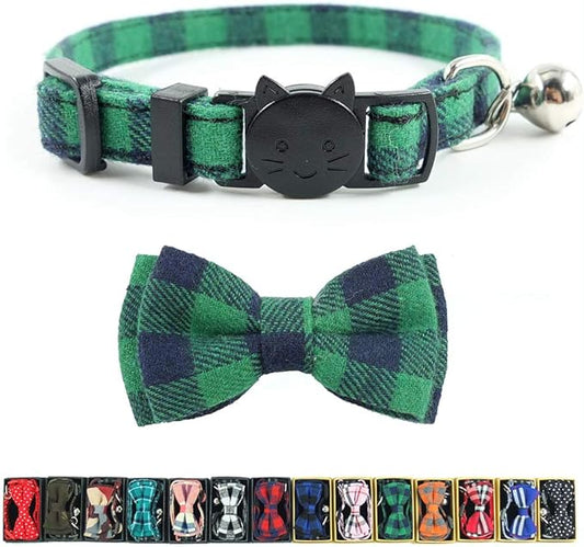 Cat Collar Breakaway with Bell and Bow Tie, Plaid Design Adjustable Safety Kitty Kitten Collars(6.8-10.8in) (Green Plaid)