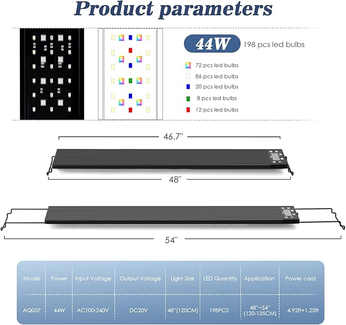 AQQA Aquarium Light,Multi-Function Fish Tank Led Light 24/7 DIY Auto On Off + Night Mode + Day Mode + Full Spectrum + 7 Colors,Adjustable Brightness Waterproof with Timer for Freshwater 44W
