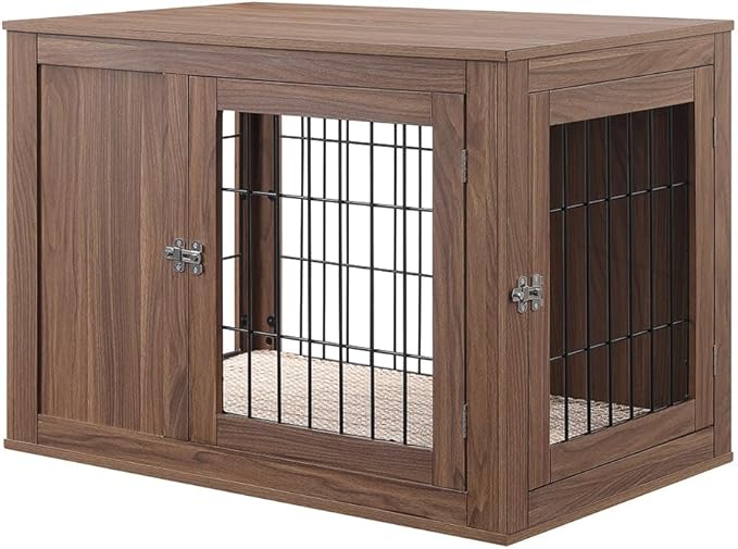 unipaws Furniture Style Dog Crate End Table with Cushion, Wooden Wire Pet Kennels with Double Doors, Medium Dog House Indoor Use (Walnut, Medium)