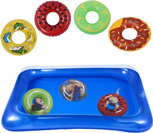 Lizard Bath Pool & Collar Rings Set - Inflatable Reptile Bathing Swimming Pool Bathtub Reptile Swim Float Ring for Leopard Gecko Amphibians Habitat Accessories Grooming Health Supplies (Blue)