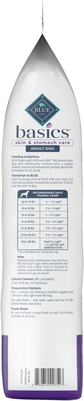 Blue Buffalo Basics Adult Grain-Free Dry Dog Food for Skin & Stomach Care, Limited Ingredient Diet, Made in the USA with Natural Ingredients, Turkey & Potato Recipe, 11-lb. Bag