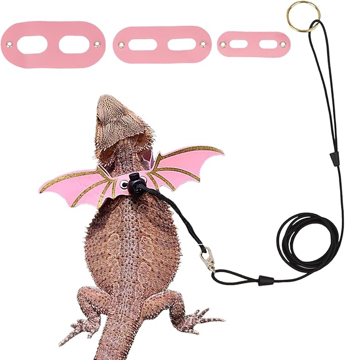 ADOGGYGO Bearded Dragon Leash Harness, 3 Size Pack Pink Leather Wing Lizard harness with Removable Lizard Leash for Bearded Dragon Lizard Reptiles (Pink)