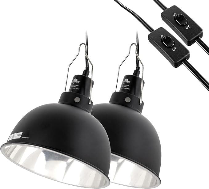 2 Pack Reptile Light Fixture, 8.5in Deep Dome Reptile Lamp Fixture, Optical Reflection Cover, Separate Switche & Hook, Terrarium Light Fixture for Reptile Heat Basking UVB Bulbs, 150W, Black