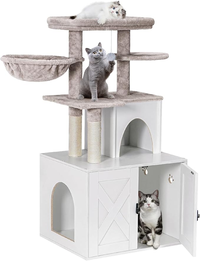 Snughome Cat Litter Box Enclosure with Cat Tree Tower and Condo, Hidden Cat Washroom Furniture with Sisal Scratching Post and Soft Plush Perch, Wooden Cat Furniture with Multiple Platforms, White