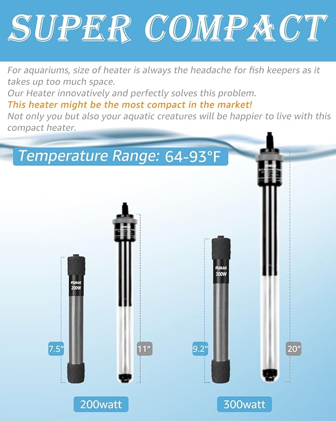 Kulife Fumak 300W Adjustable Aquarium Heater Super Short Submersible Fish Tank Heater Fish Heater with LED Digital Display Thermostat, for Tanks 40-60 Gallons