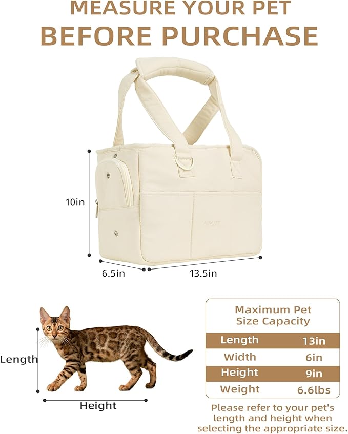 Dog Carrier for Small Dogs Rabbit cat with Large Pockets, Cotton Bag, Dog Carrier Soft Sided, Collapsible Travel Puppy Carrier (Beige, 13.6" L x 6.5" W x 10" H)