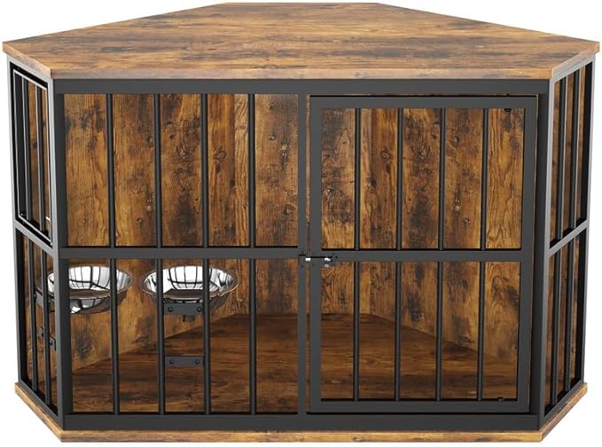 ROOMTEC 42 inch Furniture Dog Crate Corner, Dog Kennel Corner Wooden End Table with Bowl, Indoor Pet Crates Corner Side Table for Dogs, Wide Top Perfect for Limited Room