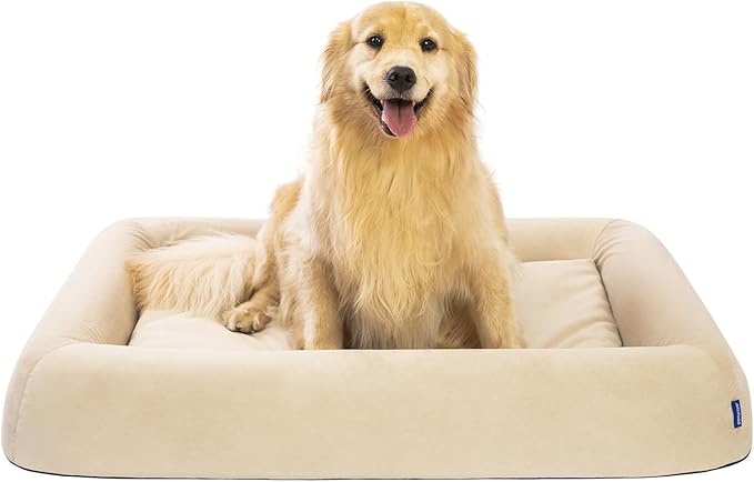 Orthopedic Dog Bed for Large Dogs Waterproof Pet Bed Soft Sofa with Two Fabrics Washable Removable Cover Egg Foam Support Anti-Slip Bottom Extra Head and Neck Support Sleeper,XXL Beige