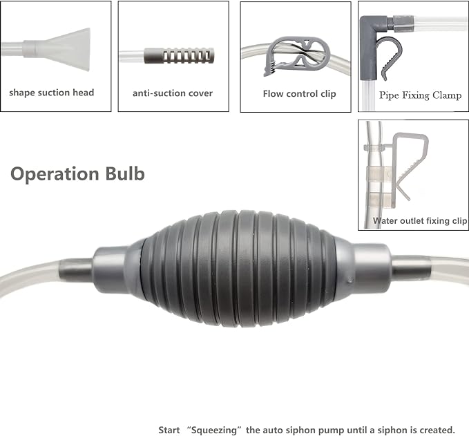 10 Gallon Fish Tank cleaner and Aquarium Water Changer Siphon with a Thinner Tubing. Perfect for Cleaning Small Tanks, Gravel Vacuum for Aquarium Kit