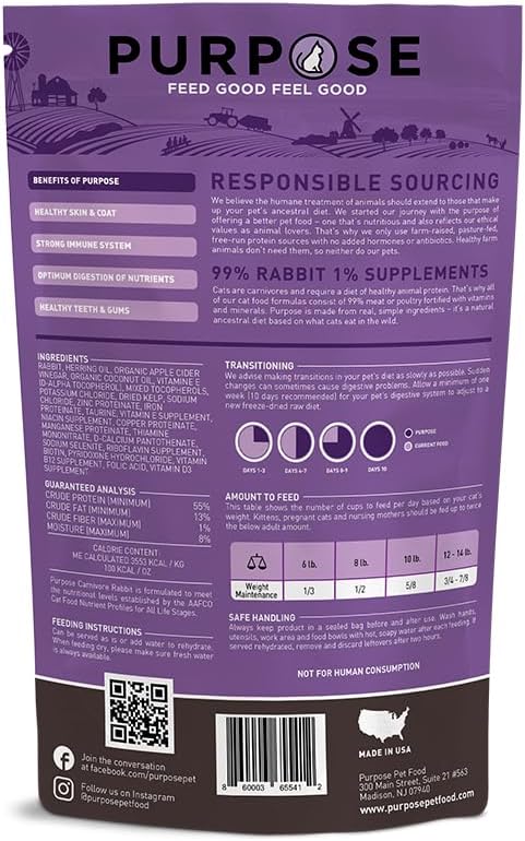 PURPOSE Freeze Dried Raw Cat Food, Rabbit Mini Nibs Entree, 9 oz - High Protein, USA Made