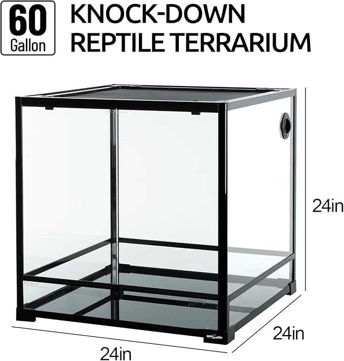 REPTIZOO 60 Gallon Glass Reptile Tank, 24" x 24" x 24" Large Reptile Terrarium Front Opening Terrarium with Double Hinge Door and Top Screen Ventilation, Easy Assembly Reptile Enclosure Tank