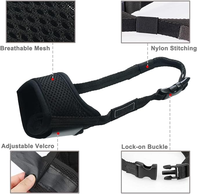 LUCKYPAW Dog Muzzle Anti Biting Barking and Chewing with Comfortable Mesh Soft Fabric and Adjustable Strap, Suitable for Small, Medium and Large Dogs(Black,L)