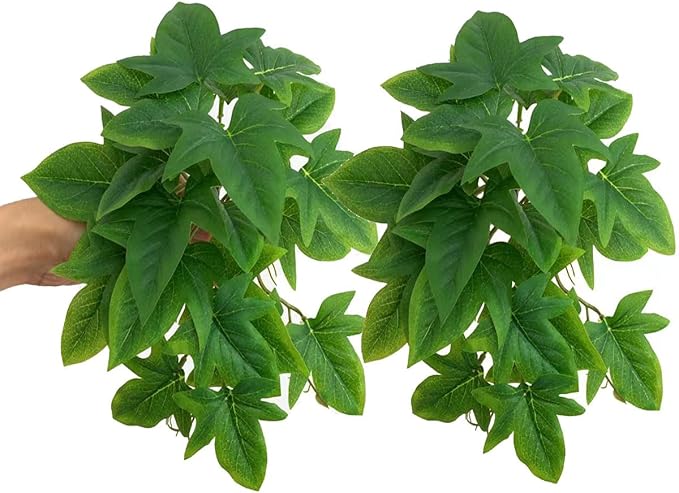 Reptile Plants for Terrarium Decor, Amphibian Habitat Decor, Reptile Tank Accessories, Artificial Hanging Plants with Suction Cup-2 Packs (Sweet Potato Vine)