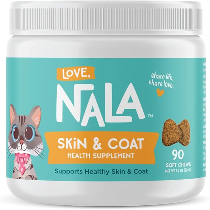 LOVE, NALA - Skin and Coat Supplement for Cats - 90 Tasty Soft Chews - Omega 3 Fish Oil, Biotin, Vitamin E Supports Skin & Fur Health - 3.2 oz