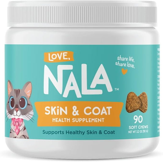 LOVE, NALA - Skin and Coat Supplement for Cats - 90 Tasty Soft Chews - Omega 3 Fish Oil, Biotin, Vitamin E Supports Skin & Fur Health - 3.2 oz