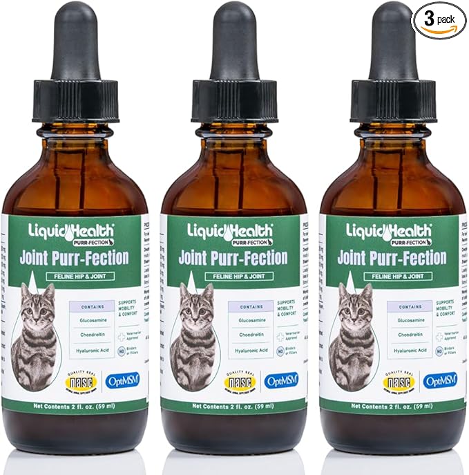 LIQUIDHEALTH 2.3 Oz Liquid Cat Glucosamine Joint Purr-Fection - Hip and Joint Health Relief Support, Chondroitin Feline Droppers -Senior Older Cats, Kittens - (3 Pack)
