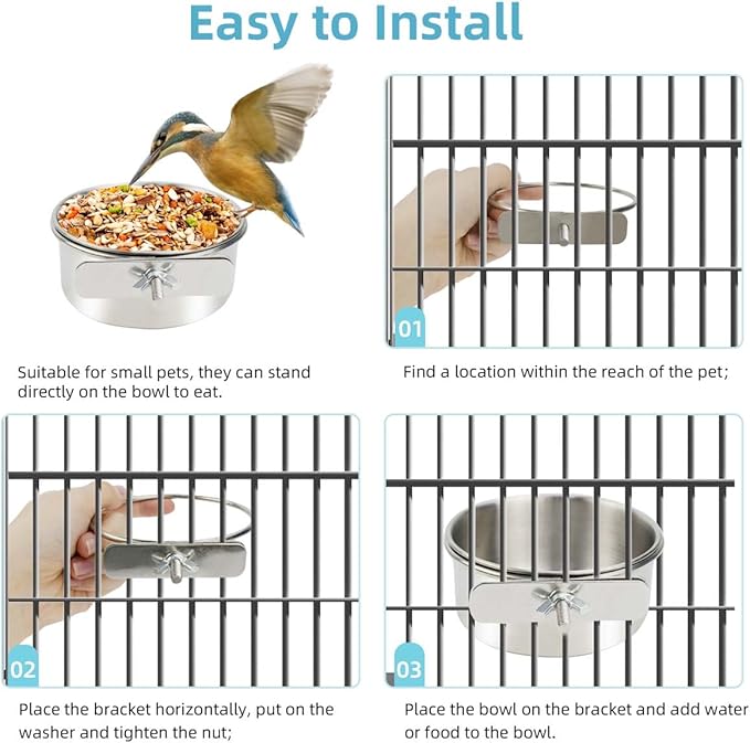 2 Pack Stainless Steel Bird Bowls for Cage Parrot Food Water Bowl Bird Feeding Dish Cups Parrot Food Water Feeder Pet Hanging Bowl Crate Coop Cups with Clamp Holder for Small Animal Dog Parakeet