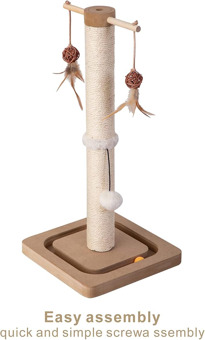 Cat Scratching Post Premium Sisal Toll Scratch Posts with Tracking Interactive Toys Vertical Scratcher for Indoor Cats and Kittens- 25 inches Beige