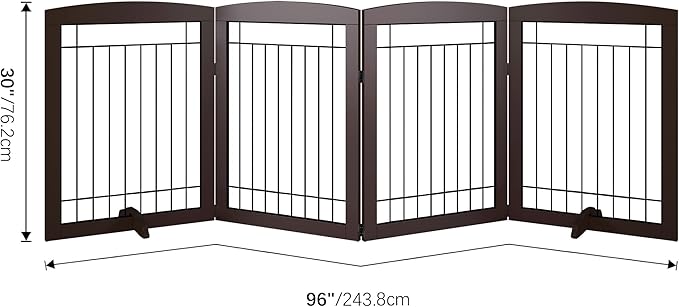 Folding Pet Gate 96" Wide, 30" Tall No-Assembly Wooden Dog Gate, Freestanding Wire Pet Gate, Pet Puppy Safety Fence, with 2PCS Support - Espresso